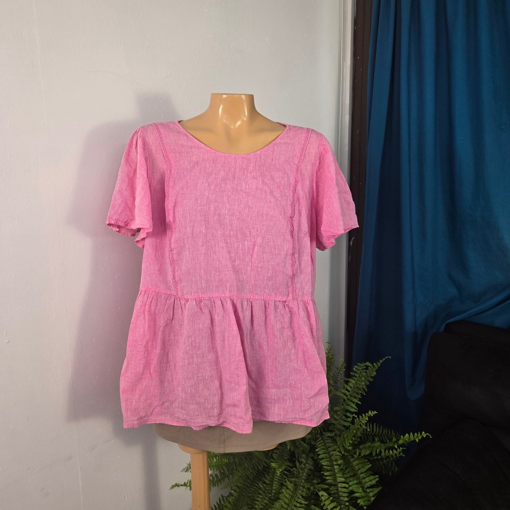 Lane Bryant Linen Blend Womens Peplum Top Size 20 Pink  Open Tied Back Lace Trim